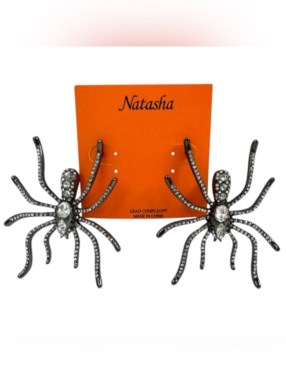 NWT•Natasha Couture Gunmetal Spider Crystal Earrings